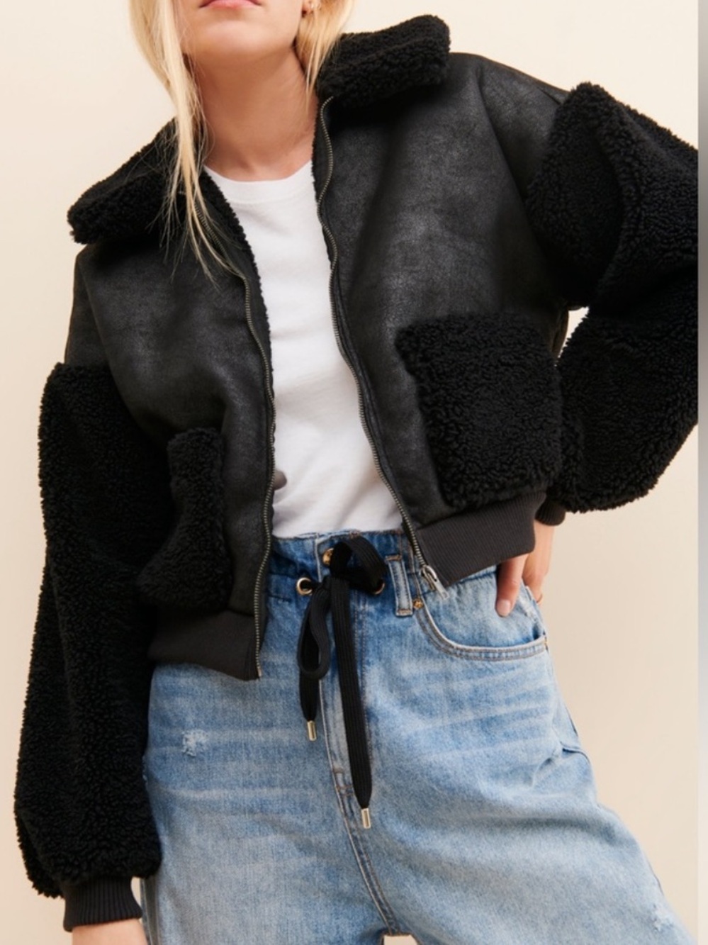 BB Dakota Black mixed feelings Faux Shearling Bomber Jacket - Women Size XS